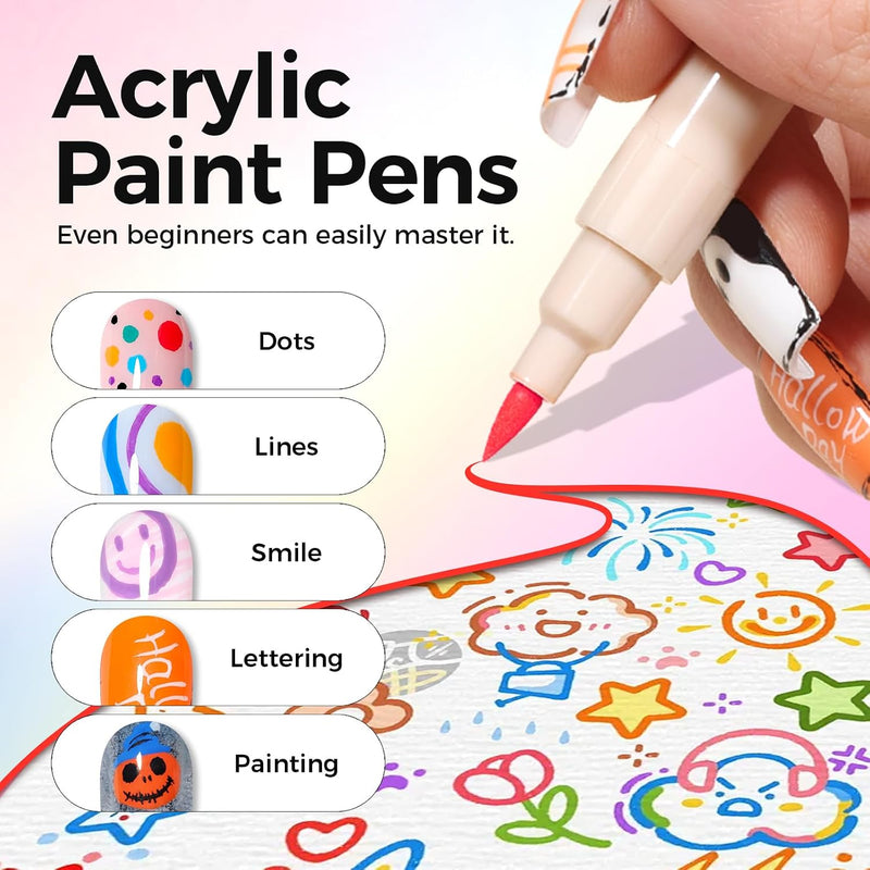 12 Colors Nail Art Pens Set, 3D Nail Polish Pens, Quick-Drying Acrylic Paint Markers, 0.7mm Dotting Painting Liner Brush for DIY Nail Design, Home & Salon Manicure Tools