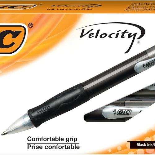 BIC Velocity Retractable Ballpoint Pens, Medium Point (1.0 mm), Black Ink Pens, 12-Count Pack, With Comfortable Grip