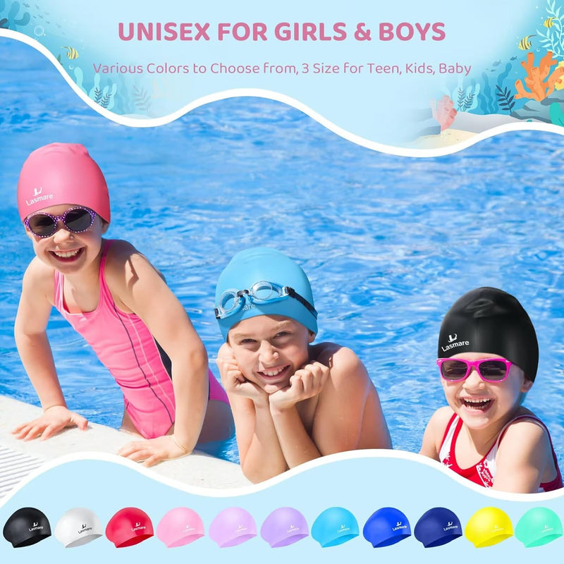 Silicone Swim Cap for Kids with Long Hair, 3 Sizes for Toddlers, Children & Teens Age 1–15, Waterproof Swimming Hat for Girls & Boys