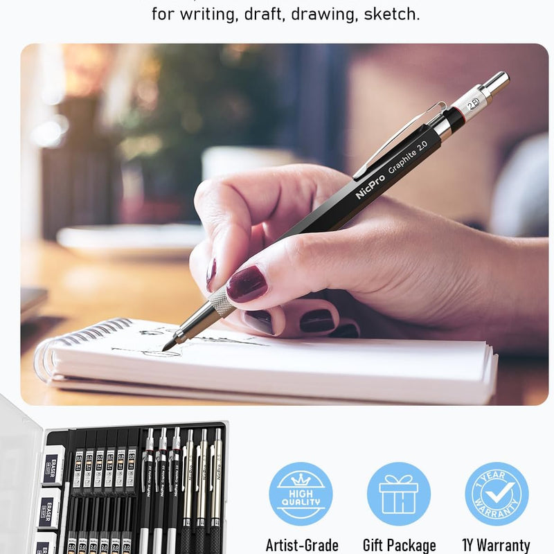 Nicpro 6PCS Art Mechanical Pencil Set, 3PCS Metal Drafting Pencil 0.5 mm & 0.7 mm & 0.9 mm & 3PCS 2mm Graphite Lead Holder (2B HB 2H) For Writing, Sketching Drawing With Lead Refills Case