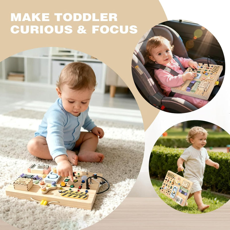 joyreal wooden montessori toys for toddlers sensory activity board with led lights music box locks