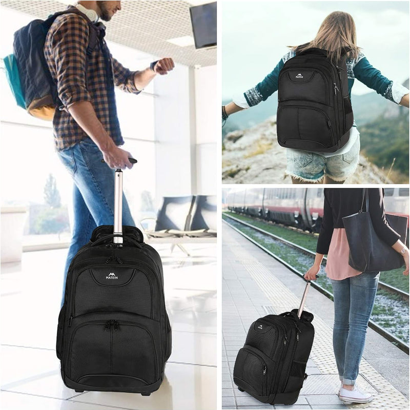 MATEIN Rolling Backpack, 17 inch Water Resistant Wheeled Laptop Backpack, Carry on Luggage Business Bag, Overnight College Computer Bag Trolley Suitcase for Men Women Adults to Travel, Black