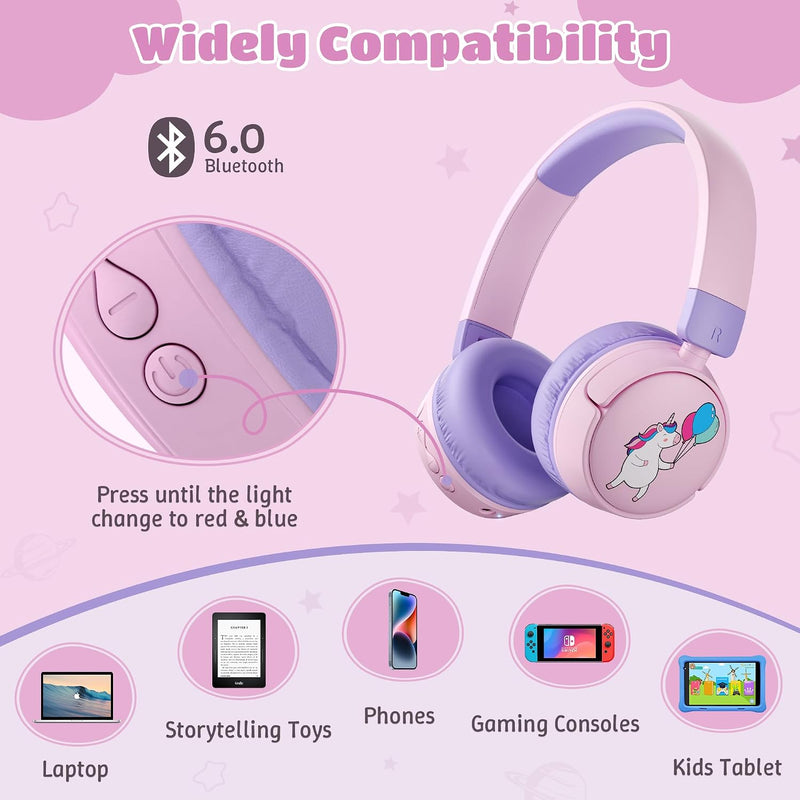 Kids Headphones Bluetooth for Girls, Toddler Headphones Wireless for School | 85/95dB Volume Limited, 50H Playtime, Bluetooth 6.0, Built in Mic, Fast Charging for Tablet, iPad, Cellphone