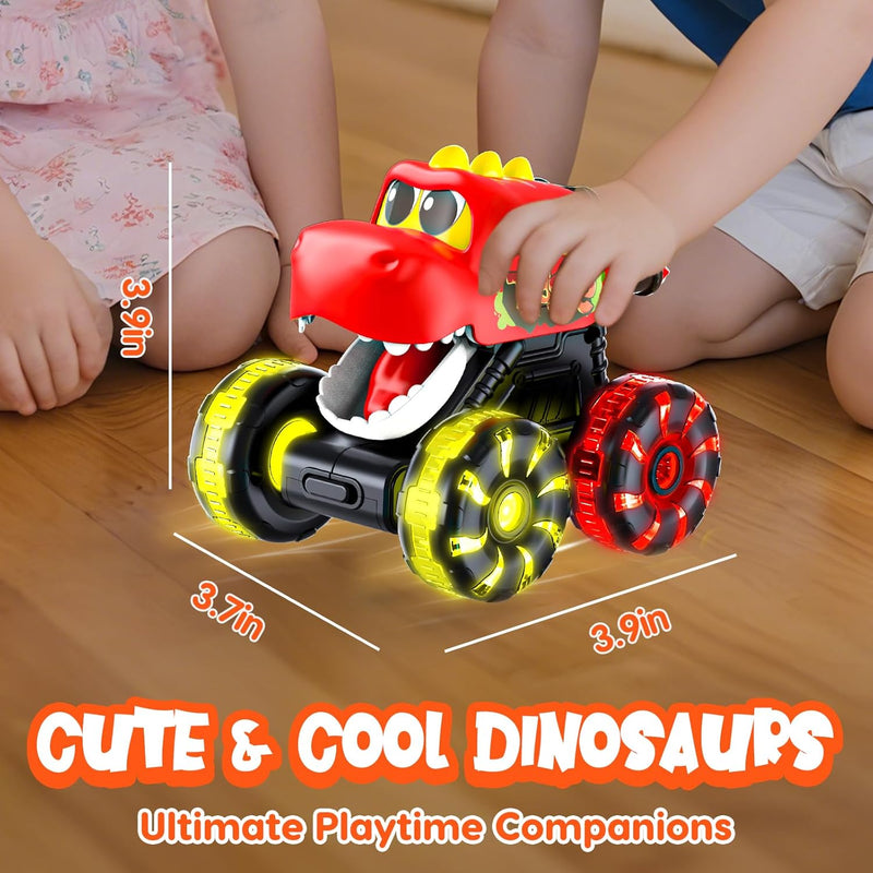 Monster Truck Toys with Dinosaurs for Toddlers 1-3, Press-and-Go Lights-Up Trucks