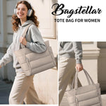 Bagstellar Puffer Tote Bag for Women, Lightweight Puffy Travel Gym Work Bag | 16 Pocket Teacher Nurse Quilted Shoulder Handbag Large Cloud Carry On 15.6" Laptop Computer Purse for School Nursing Clinical