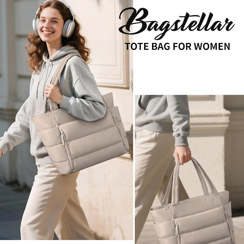 Bagstellar Puffer Tote Bag for Women, Lightweight Puffy Travel Gym Work Bag | 16 Pocket Teacher Nurse Quilted Shoulder Handbag Large Cloud Carry On 15.6" Laptop Computer Purse for School Nursing Clinical