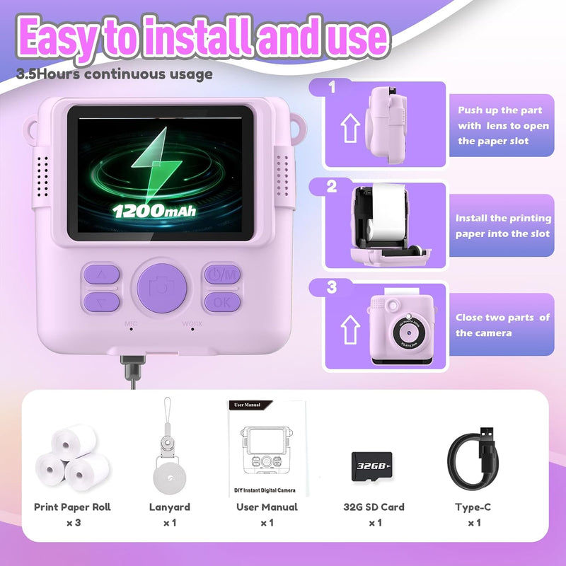 ESOXOFFORE Instant Print Camera for Kids, 32GB SD Card, 3-12 Years