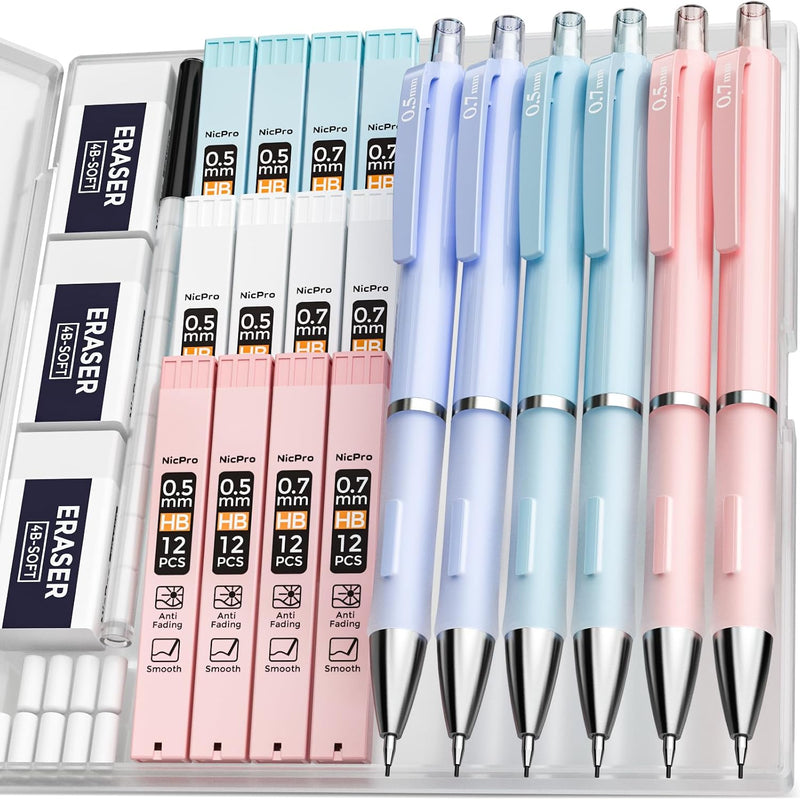 Nicpro 3PCS Cute Mechanical Pencil Set with Case, 0.7 mm Pencils with 6 Tube HB Lead Refill, 3PCS Eraser, 9PCS Eraser Refill for School Supplies Student Writing, Drafting Drawing Sketching