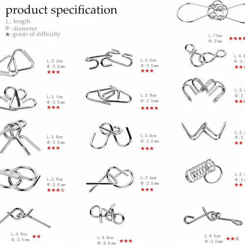 24-Piece Metal Wire Puzzle Set with Pouch, Brain Teaser IQ Test for Kids and Adults