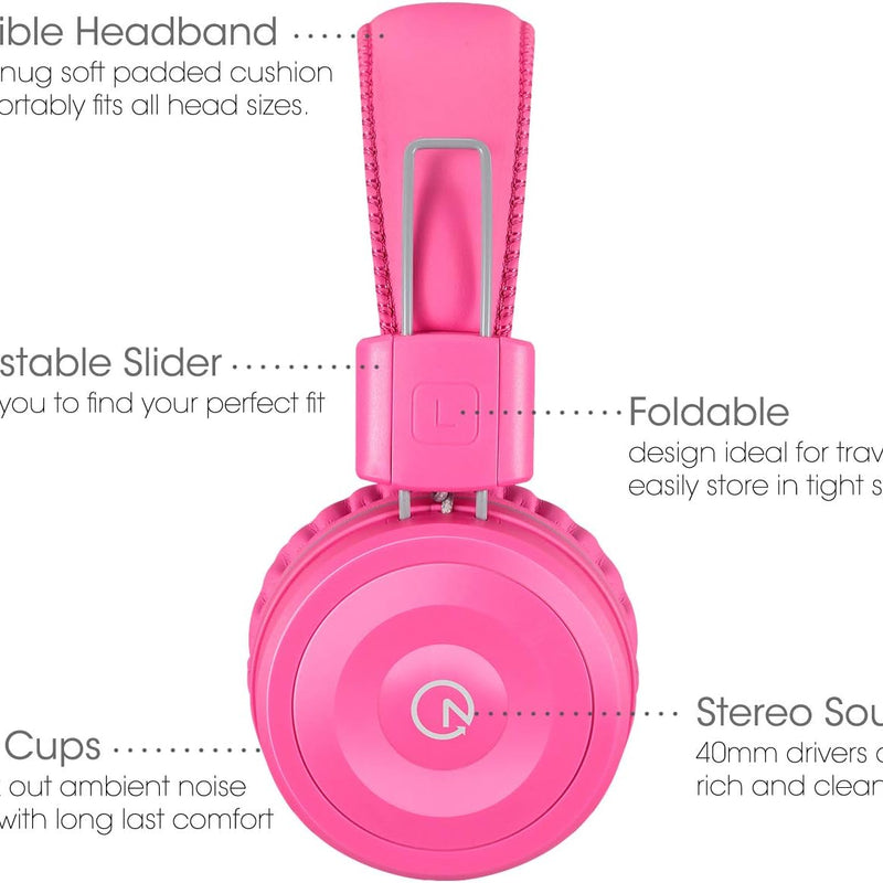noot products K22 Kids Headphones Wired 3.5mm Jack, Foldable, Flamingo Pink | Stereo Tangle-Free 5ft Long cord, Plug-in, On-Ear Headset for Children, Boys, Girls, iPad, School, Kindle, Travel, Plane