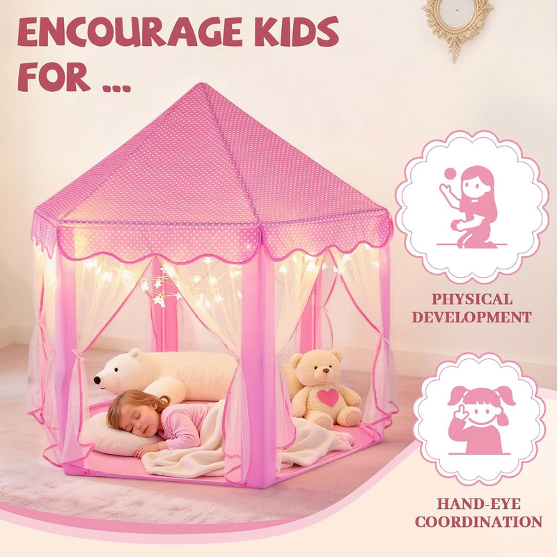 Sumbababy Princess Castle Tent for Girls Fairy Play Tents for Kids Hexagon Playhouse with Fairy Star Lights Toys for Children or Toddlers Indoor or Outdoor Games (Pink)