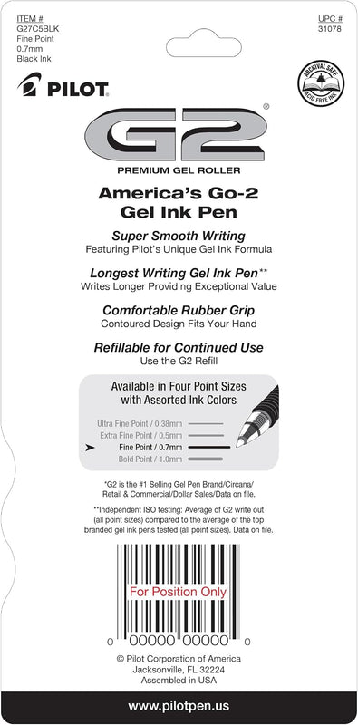 Pilot G2 Pens, Premium Refillable and Retractable Rolling Ball Gel Pens, Fine Point, 0.7mm, Black Ink, 5-Pack