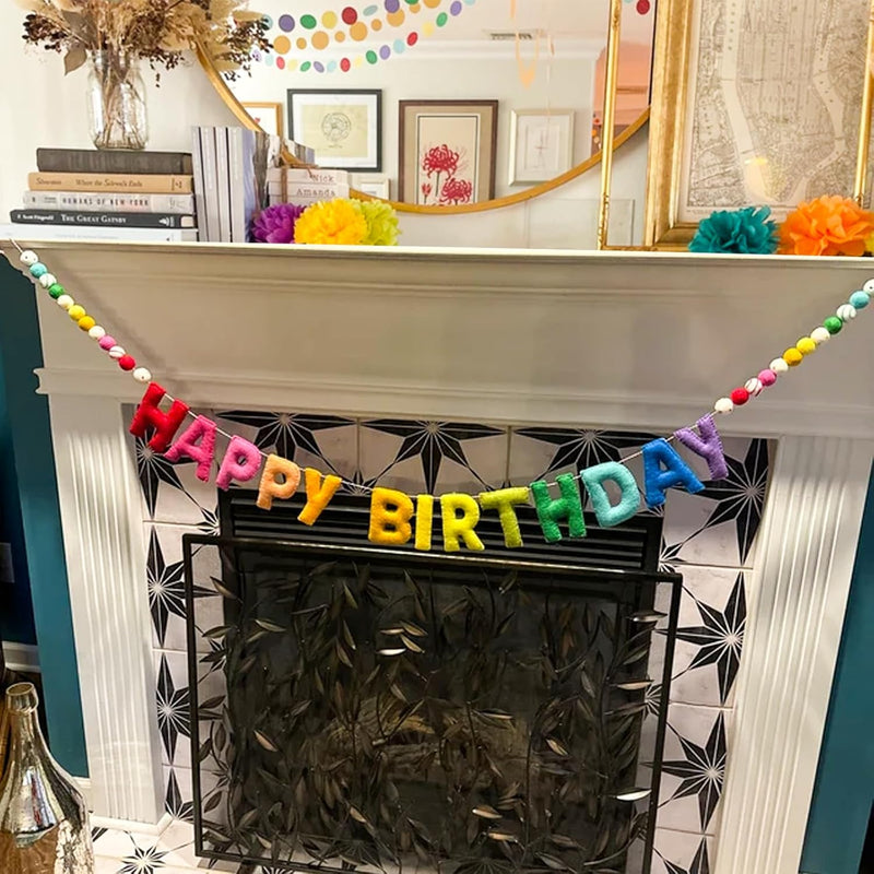 Pre-Strung Happy Birthday Banner - Felt Ball Garland, Reusable Rainbow Party Decorations for Kids Room Decor