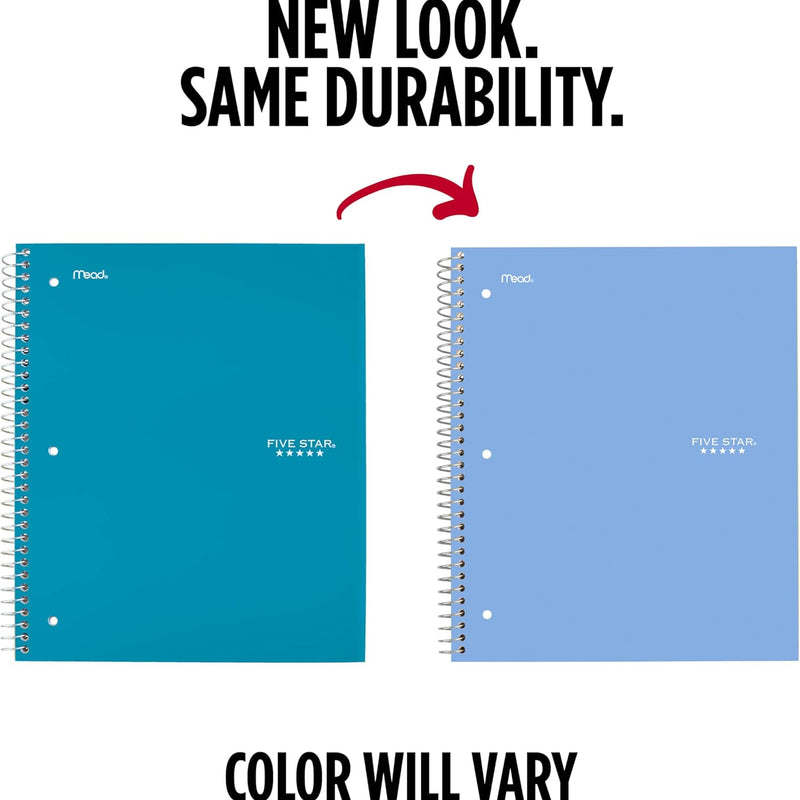 Five Star Spiral Notebook + Study App, 5 Subject, Wide Ruled Paper, 8" x 10-1/2", 200 Sheets, Fights Ink Bleed, Water Resistant Cover, Tidewater Blue (73196)