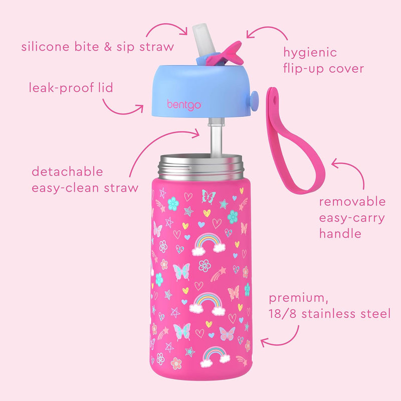 Bentgo Kids Stainless Steel Water Bottle, Leak-Proof, 14 oz, Bite & Sip | Vacuum Insulated, 18/8 Stainless Steel, 12-Hour Cold, Dishwasher Safe, BPA-Free (Rainbows & Butterflies)