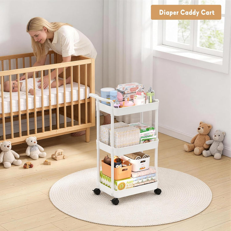 Volnamal Baby Diaper Caddy, Plastic Movable Cart for Newborn Nursery Essentials Diaper Storage Organizer for Changing Table & Crib, Easy to Assemble, Baby Registry, Off-White
