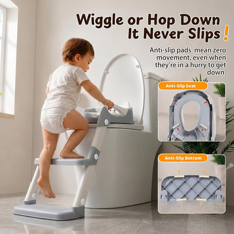 Orzbow Potty Training Seat with Step Stool, Adjustable Height, Anti-Slip | Safety Handles, Comfortable Seat Cushion, Splash Guard for Toddler Boys and Girls, Fits Most Toilets, Foldable Storage, Gray