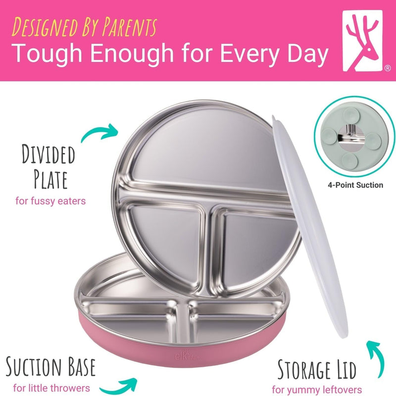 Elk and Friends Kids Stainless Steel Divided Plates with Silicone Suction Sleeves | Lids Included | Suitable for Babies/Toddlers | Dishwasher Safe | Stay Put Dinnerware | Snack Dishes | 4 Pack
