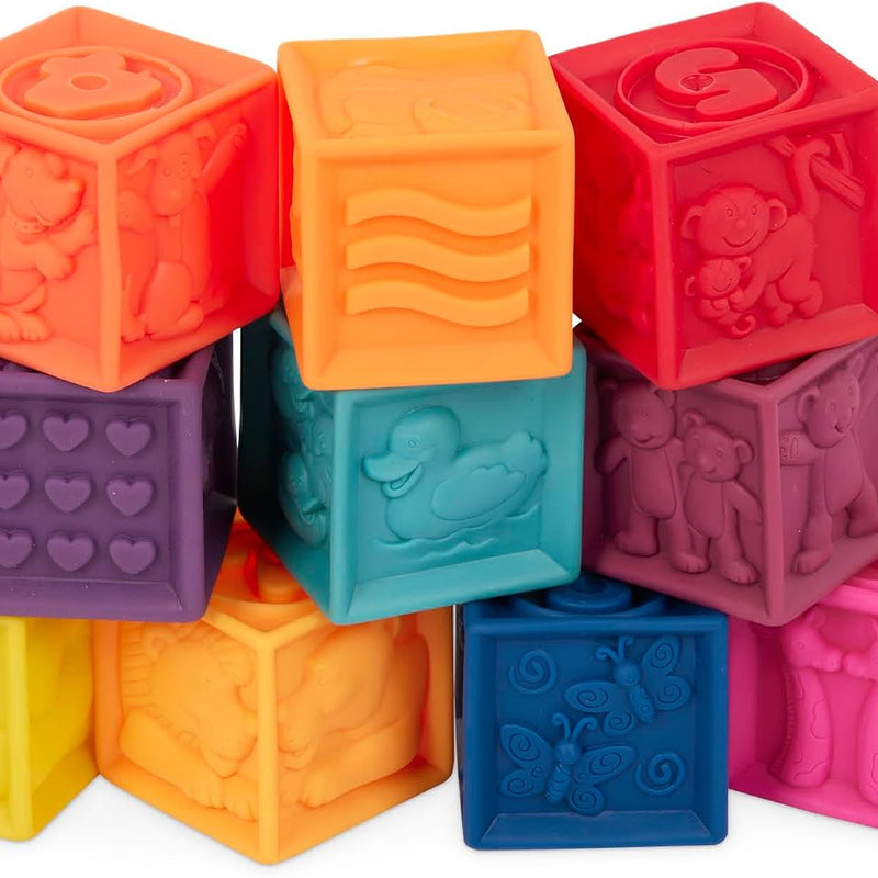 B. toys, One Two Squeeze Soft Building Blocks, 10 Pack, Blocks - 1, Baby | 10 soft blocks with numbers, shapes, colors, and animals; textured block play with reusable bag, Blocks - 1, Baby; 6+ Months