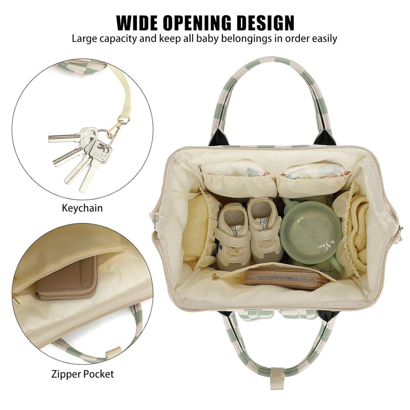 Baby Diaper Bag Backpack for Mom, Large Capacity Travel Nappy Bag for Boys & Girls with Stroller Straps (Corduroy Checkered Green)