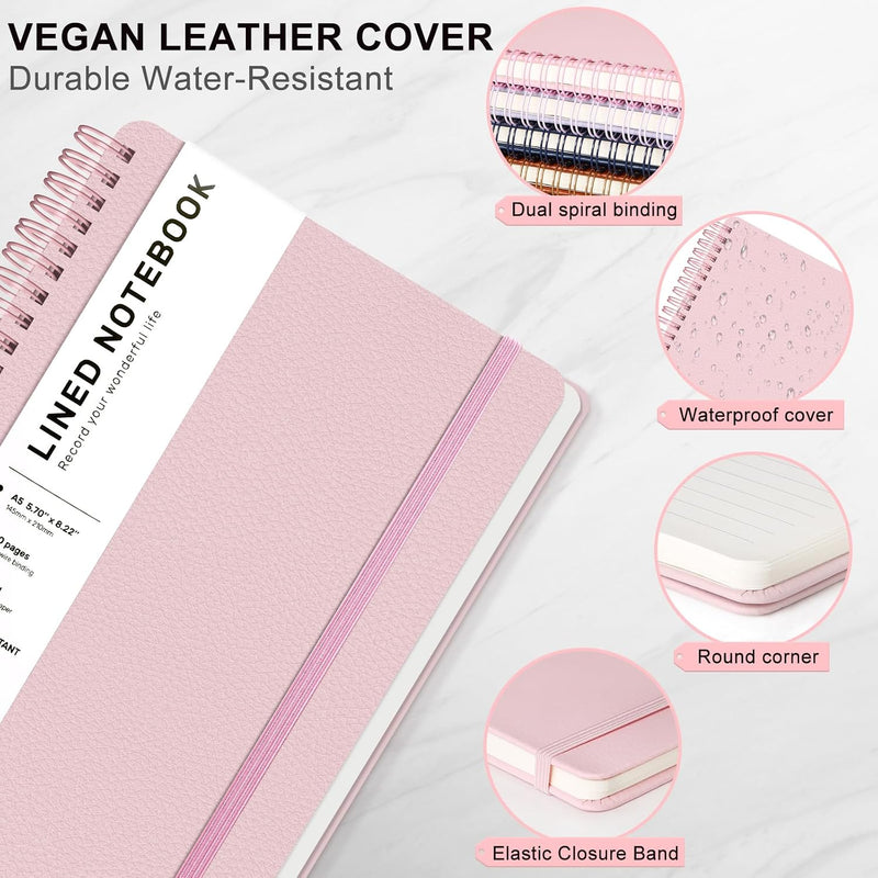 ABERLLS Lined Spiral Journal Notebook with 160 Pages, 8×5.7in, A5 Spiral Notebook, Journaling Notebooks for Work, School, Women, Men, College Ruled Spiral Notebook, Hardcover Leather Journals, Pink