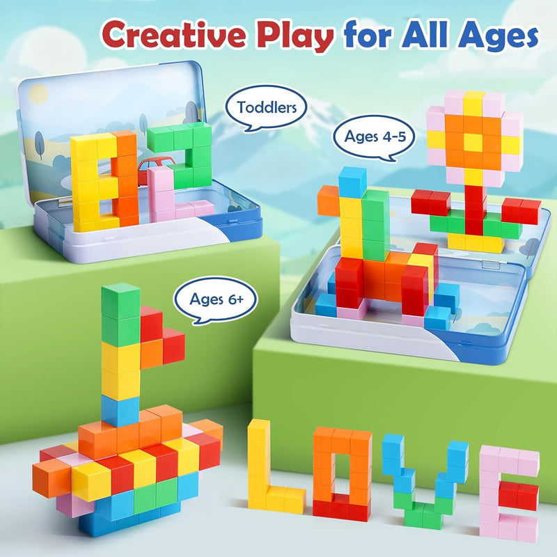 52 PCS Magnetic Blocks with Metal Box, 0.8in Mini Building Cubes Protable Travel Airplane Classroom Toys for Kids Ages 3+, STEM Educational Building Set for Toddlers Boys & Girls Birthday Gifts