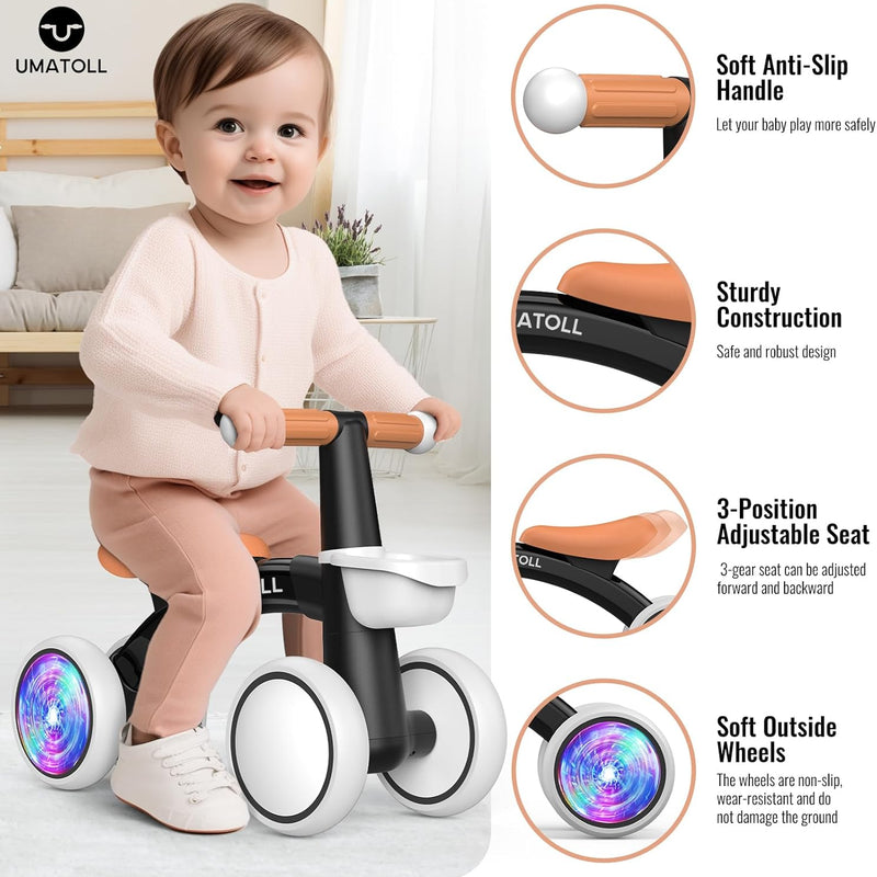 Umatoll Baby Balance Bike, Adjustable Seat, Safety Features, 12-24 Months Toddler Ride on Toys, Colorful Lighting, No Batteries Required
