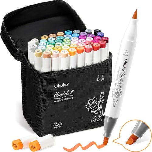 Ohuhu Alcohol Markers 48 Colors Brush& Soft Chisel for Adult Cozy Coloring | Dual Tips Drawing Markers for Artists Beginners Illustration Sketching, AP Certified Refillable Alcohol-based, Honolulu 2S