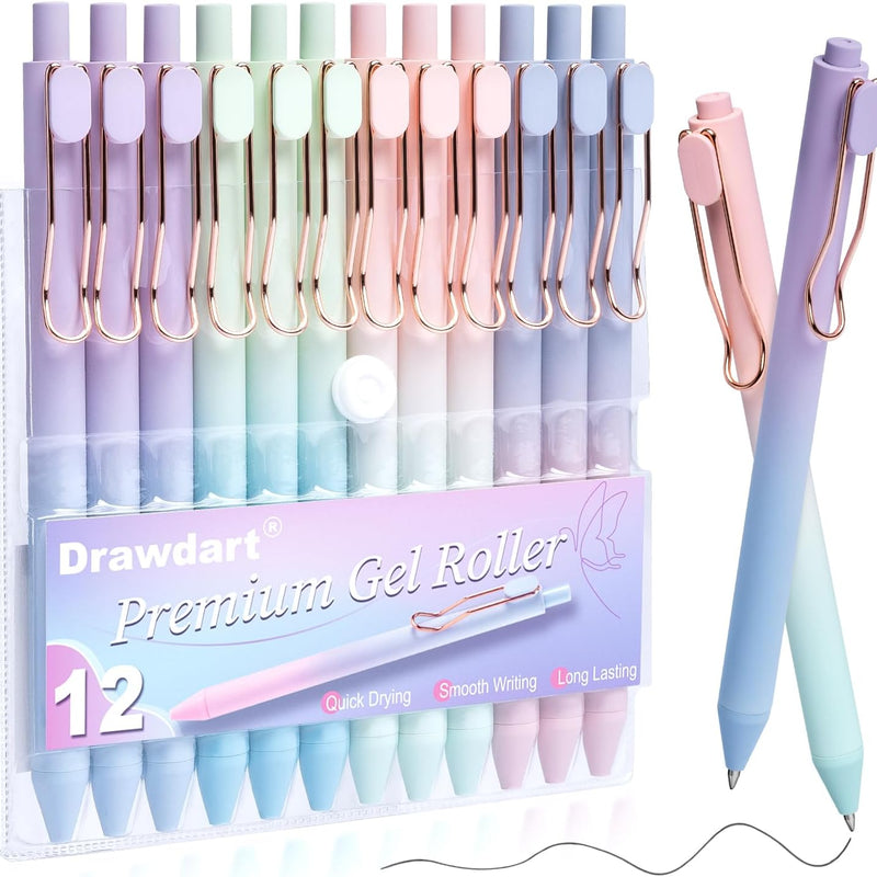 Drawdart Smooth Writing Pens, 12 Pcs No Bleed & Smear, Black Ink Fine Point (0.5mm), Retractable Aesthetic Journaling Pens for Women & Men