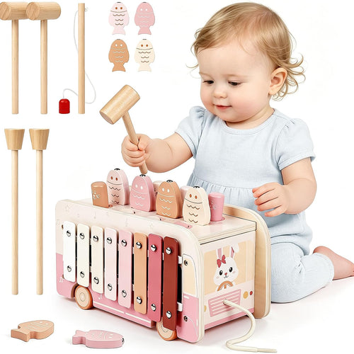 Vanplay Hammering Pounding Toys for 1 2 Year Old Girl Birthday Gifts | 7 in 1 Pink Wooden Learning Activities with Fishing/Spinner/Xylophone/Mole Game for Toddlers 1-3 - Baby Girl Gifts 12+ Months