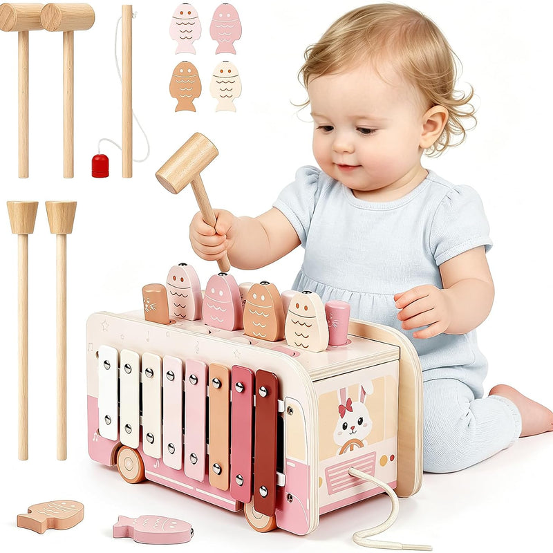 Vanplay Hammering Pounding Toys for 1 2 Year Old Girl Birthday Gifts | 7 in 1 Pink Wooden Learning Activities with Fishing/Spinner/Xylophone/Mole Game for Toddlers 1-3 - Baby Girl Gifts 12+ Months