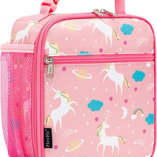 FlowFly Kids Lunch box Insulated Soft Bag Mini Cooler Back to School Thermal Meal Tote Kit for Girls, Boys, Unicorn