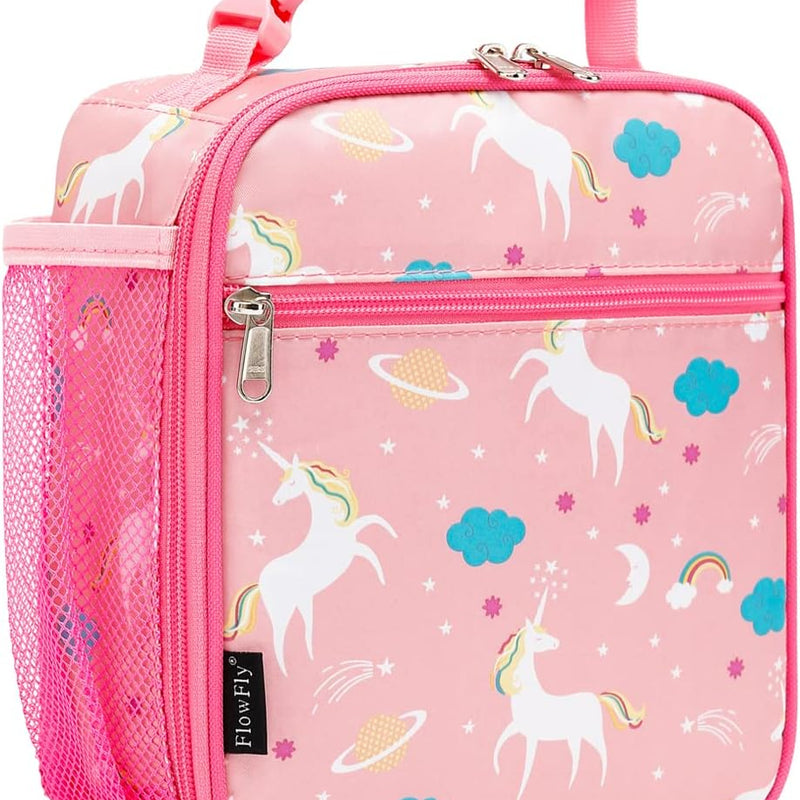 FlowFly Kids Lunch box Insulated Soft Bag Mini Cooler Back to School Thermal Meal Tote Kit for Girls, Boys, Unicorn