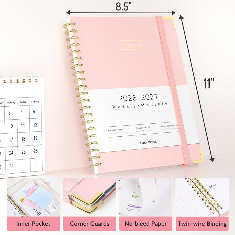 Forvencer Academic Planner 2026-2027, Hardcover Calendar Planner Weekly & Monthly, July 2026 - June 2027, 8.5" x 11", Daily Agenda with Tabs, College School Organizer for Student Teacher, Pink