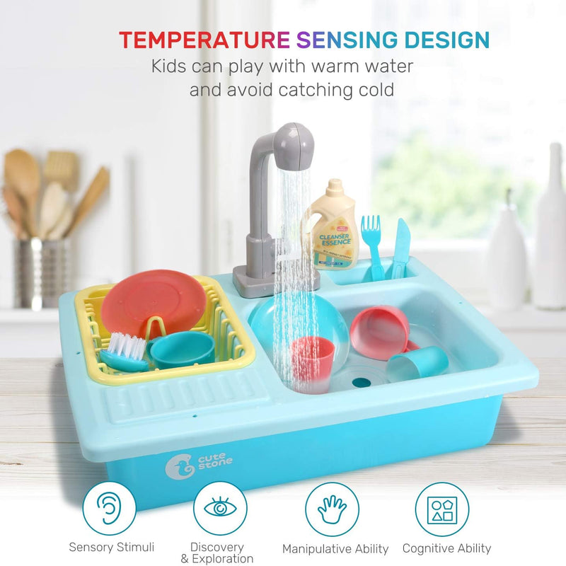 CUTE STONE Color Changing Kitchen Sink Toys, Children Electric Dishwasher Playing Toy with Running Water, Upgraded Faucet, Automatic Water Cycle System Play House Pretend Role Play Toys for Boys Girls