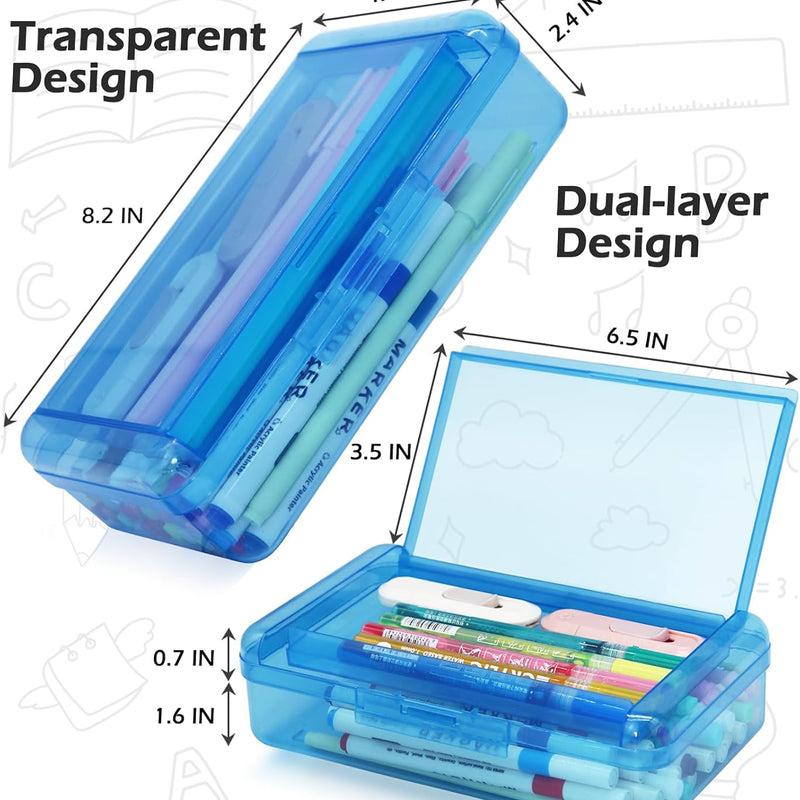 Double Layer Clear Hard Pencil Cases,Plastic Personalized Pencil Box with Snap-Tight Lid for Pen, Pencils, School Office Supplies Marker Crayon Organizer Storage Box,Standard Size (Pink)