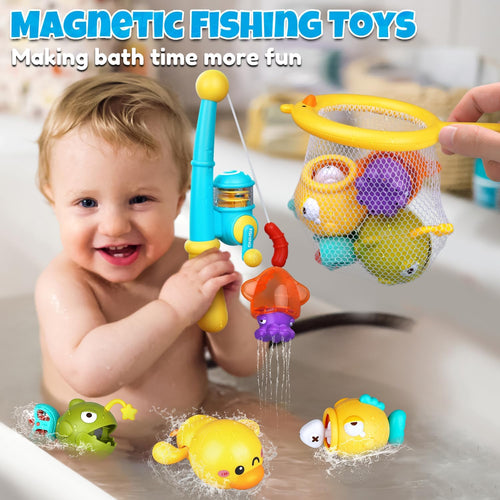 Magnetic Fishing Bath Toys for Toddlers 1-3 | Floating Wind-Up Duck, Fishing Rod & Net, Pool & Bathtub Fun