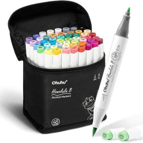 Ohuhu Alcohol Markers Brush and Fine Tip - 48-Color Alcohol-based Art Sketch Marker Set for Artist Adults Coloring Illustration - Brush and Fine Dual Tips- Honolulu B - Refillable - AP Certificated