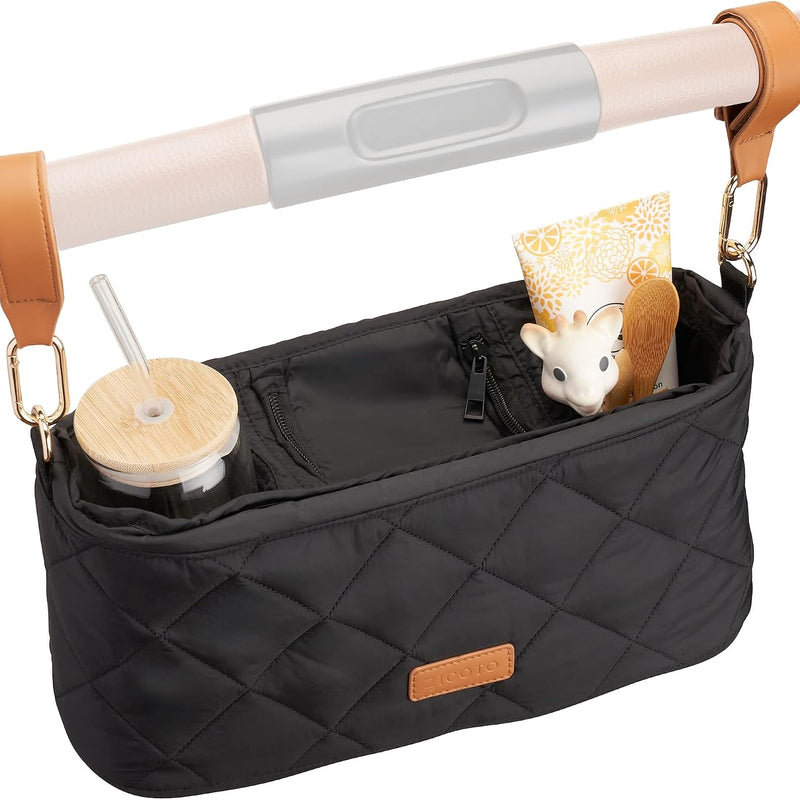 Beautiful Stroller Caddy Organizer With 2 Cup Holders - Zipper Pocket Bag | Luxury Stroller Bag with Universal Fit and Leather Straps - Spacious Accessories Perfectly Fits Doona, Nuna and Uppababy