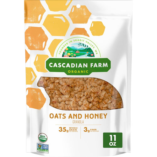 Cascadian Farm Organic Oats and Honey Granola, Resealable Pouch, 11 oz | Whole Grain Oats & Golden Honey, 35g Whole Grain, 3g Fiber, Non-GMO Verified, Great Yogurt or Hiking Snack