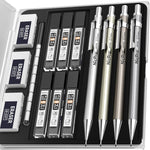 Nicpro 4 Pack Mechanical Pencil 0.7mm with Case, MB1000 Metal Mechanical Pencil Set with 6 Tube HB #2 Lead Refill 0.7 mm, 3PCS 4B Eraser, 9 Cap Eraser for Artist Drafting Writing, Sketching, Drawing