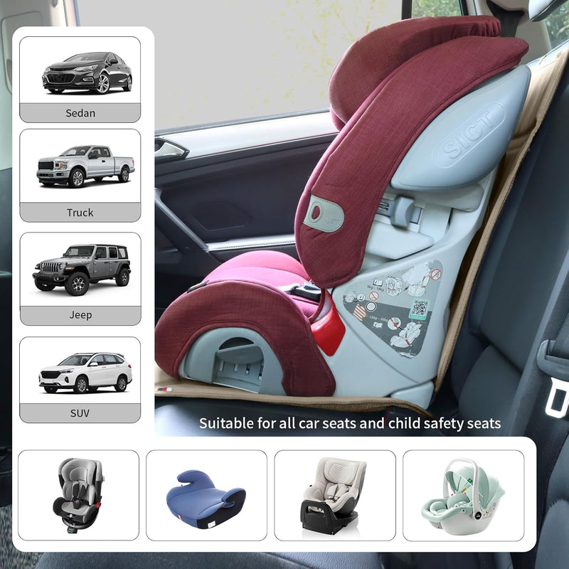 Viaviat Car Seat Protector Leather Waterproof Child Safety Seat Protector Cover with Thick Pad and 2 Large Pockets Durable Kick Mat for All Auto Seat (Beige)