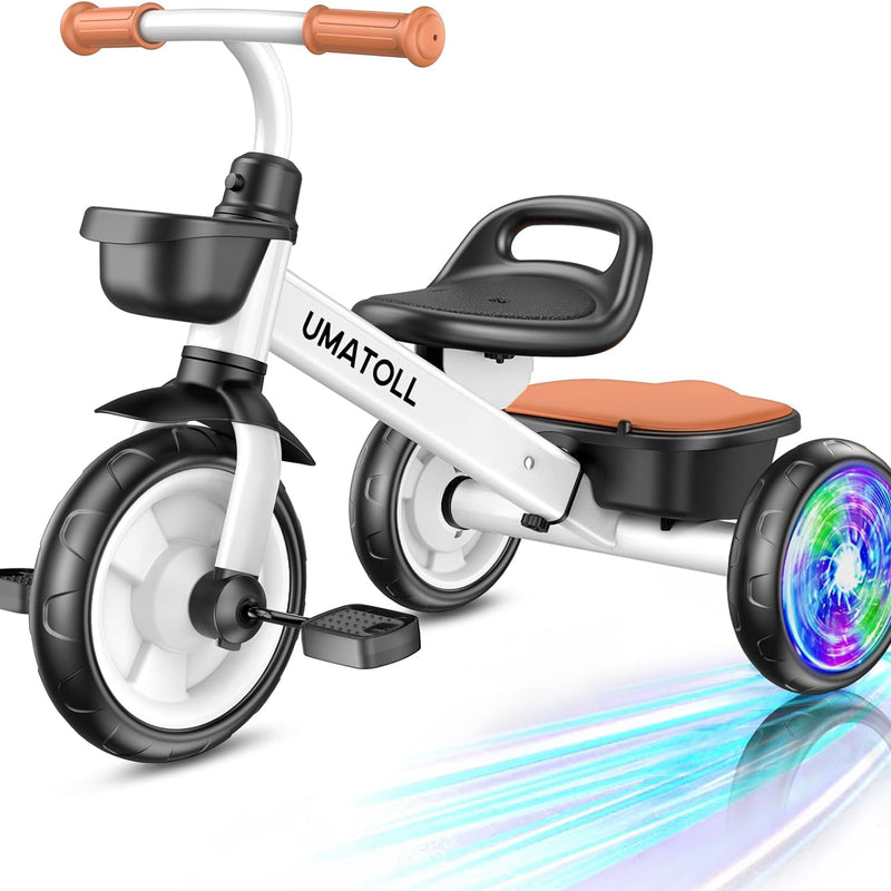 Umatoll Carbon Steel Tricycle for Toddlers 2-5 Years, Adjustable Outdoor Toy with Light-Up Wheels, Stable Ride, Dual Baskets