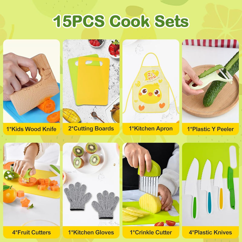 Montessori kitchen toys for toddlers, 15PCS cooking set with real knife, kids safe cooking sets, Easter gifts for kids