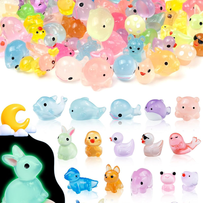 FIVEIZERO 100PCS Luminous mini Resin Animals Bulk - 20 Styles Glow in The Dark Plastic Tiny Animals Figures for Dollhouse, Fairy Garden, Aquarium, Party Favors & DIY Craft Decor