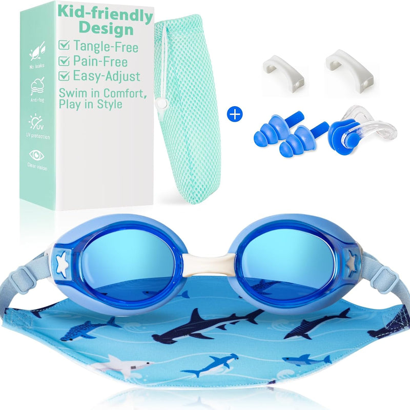 Pixel Panda Kids Swim Goggles with Fabric Strap for 3-12, No Hair Pulling | Kids swimming goggles with soft cloth strap for toddler/boys/girls/children, anti-fog anti-UV, no leak, no raccoon eyes