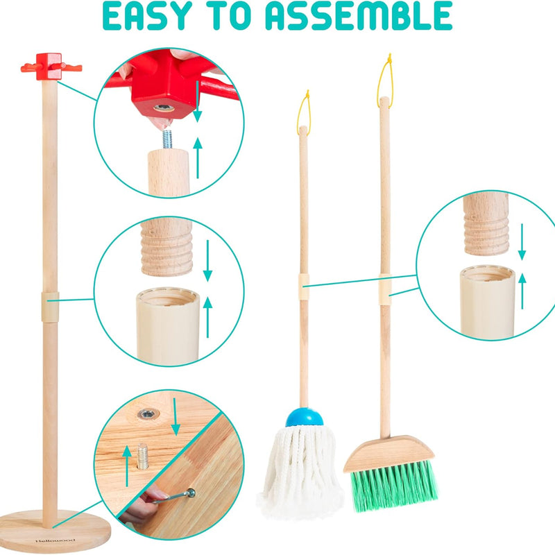 Kids Cleaning Set, 8 Pcs Wooden Housekeeping Play Set Includes Broom Mop Duster Dustpan Brushes Rag and Organizing Stand, Cleaning Toys Gift for Toddlers Girls Boys Age 3-6, Solid Beech Wood