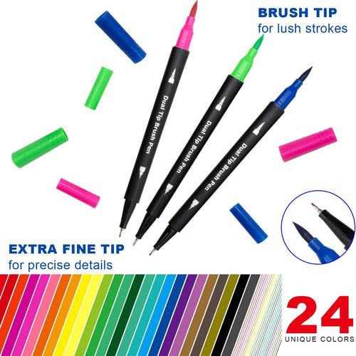 Piochoo Dual Brush Marker Pens,24 Colored Markers,Fine Point and Brush Tip for Adult Coloring Books Bullet Journals Planners,Note Taking Coloring Writing
