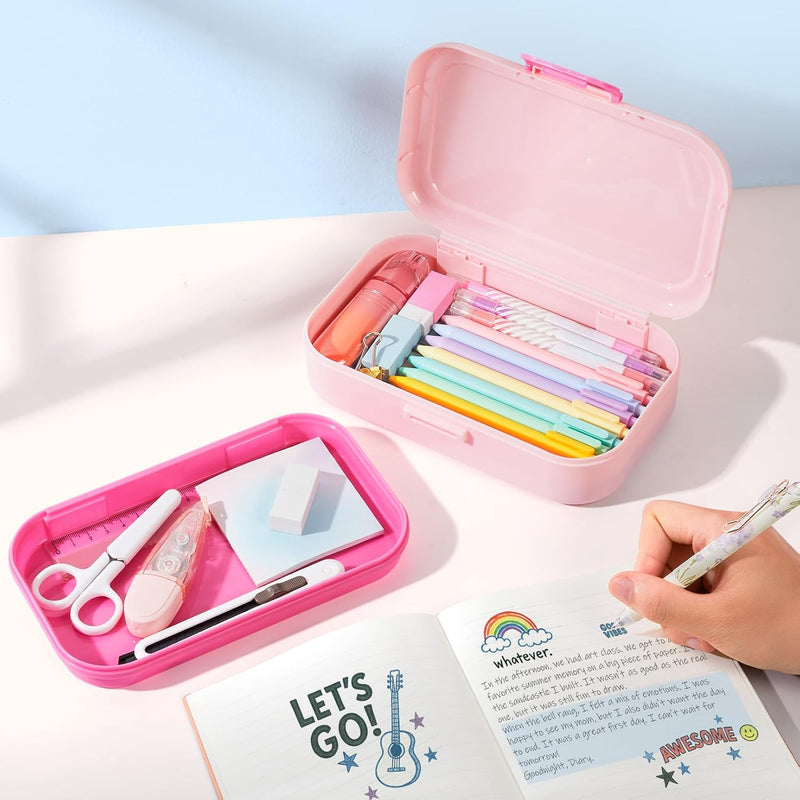 Sooez Double Layer Pencil Box, Plastic Pencil Case with Latch, Hard School Supply Box for Girls Boys Kids, Large Crayon Marker Pen Holder, Cute Art Storage Organizer, 1 Pack, Pink