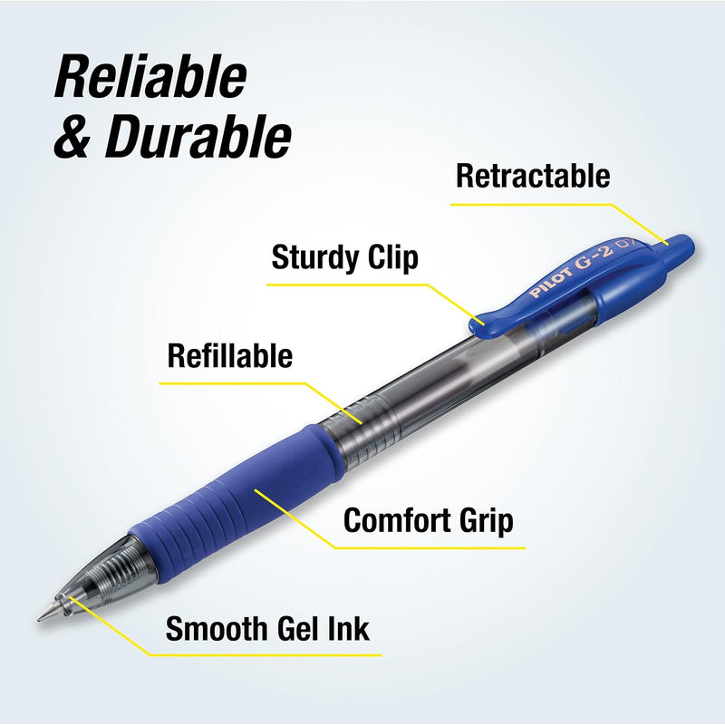 Pilot G2 Premium Gel Roller Pens, Fine Point 0.7 mm, Blue Ink Pens Fine Point, Pack of 12 - Ideal for School, Journaling, and Office Writing